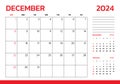 December 2024 Calendar. Week start on Sunday. Desk calendar 2024 design, simple and clean design, Wall calendar for print, digital