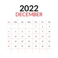 December 2022 calendar and week starts on sunday Royalty Free Stock Photo