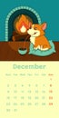 2019 December calendar with welsh corgi dog drinking hot chocolate on cozy background with fireplace