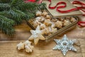 December is Christmas time.Christmas cookies with tree branches and decorations for the Christmas tree - snowflakes.Winter holida