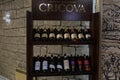 December 16, 2020 Cricova Moldova stand with branded wine products. Selective focus