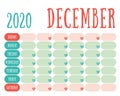 December 2020 diary. Calendar. Cute trend design. New year planner. English calender. Green and red color vector template.