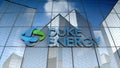 Editorial, Duke Energy logo on glass building.