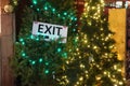 December 2018- Exit sign on the Christmas tree at Christmas market in Vancouver, BC Canada