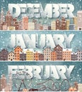 December January February month,winter cityscape.City silhouettes.Town skyline. Midtown houses panorama.New year