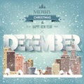 December month,winter cityscape.City silhouettes.Town skyline. Midtown houses panorama.New year,christmas holidays.