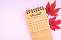 December 2023 monthly calendar and fall leaves on pink color background