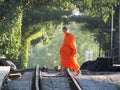 Monk crossing the railway tree tunnel backdrop Royalty Free Stock Photo