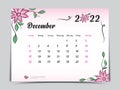 Calendar 2022 template with pink flowers background, December 2022 template, Monthly calendar with flora natural patterns