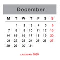 December 2020 planning calendar . Simple December  2020 calendar. Week starts from Monday. Royalty Free Stock Photo