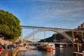 09 of December, 2018 - Porto, Portugal:  View of the historic city with the Dom Luiz bridge. A metro train can be seen on the Royalty Free Stock Photo