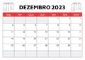 December 2023 portuguese calendar. Vector illustration. Monthly planning in Portugal