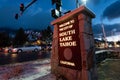 December 25, 2018 South Lake Tahoe / CA / USA - Sign posted at the entrance to South Lake Tahoe; the main street decorated for the