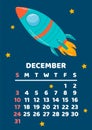 December. Space calendar planner 2023. Weekly scheduling, planets, space objects. Week starts on Sunday. Rocket