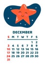 December. Space calendar planner 2023. Weekly scheduling, planets, space objects. Week starts on Sunday. White