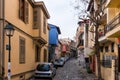 December 21st 2019 - Thessaloniki, Greece - Street in the Ano Poli neighborhood of Thessaloniki, with houses of traditional archit