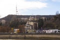 December 03, 2018 Tbilisi, Georgia - Modern residential building in the center of Tbilisi with a view of the Kura River