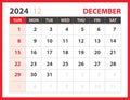 December 2024 template, Calendar 2024 design vector, planner layout, Week starts Sunday, Desk calendar 2024 template, Stationery.
