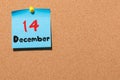 December 14th. Day 14 of month, Calendar on cork notice board. Winter time. Empty space for text Royalty Free Stock Photo
