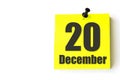 December 20th. Day 20 of month, Calendar date. Yellow sheet of the calendar. Winter month, day of the year concept