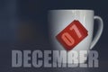 december 7th. Day 7 of month,Tea Cup with date on label from tea bag. winter month, day of the year concept