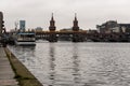 December 16. 2017 Twin towers of the Oberbaumbrucke, a red brick bridge over the river Spree - Kreuzberg, Berlin, Germany