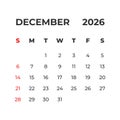 December 2026 vector calendar grid Royalty Free Stock Photo