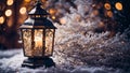 december vintage lantern, merry , festive wintertime branch composition decorative bokeh christmas