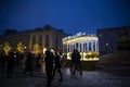 5 of December 2021 Warsaw, Poland. Nowy Swiat street. Festive Christmas illumination. Monument of Nicolaus Copernicus