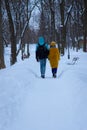 December winter park with a lot of snow, ordinary outdoor view, two person boy and girl walking with holding hands back to camera Royalty Free Stock Photo