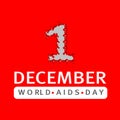 December Worlds Aids Day concept symbol with text and red ribbon of aids awareness and with man silhouette leaning on.