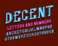 Decent letters with numbers and currency signs. Urban volumetric font. Isolated english alphabet