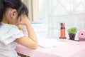 Decent school child. holding her head with a hand and reading a book Royalty Free Stock Photo