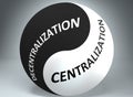 Decentralization and centralization in balance - pictured as words Decentralization, centralization and yin yang symbol, to show