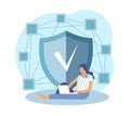 Decentralized app with multiple users. Possibility of joint remote control, woman working on laptop, data protection, secure Royalty Free Stock Photo