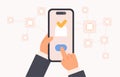 Decentralized application development, hands touch button of software on phone screen