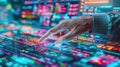 Decentralized applications with smart contracts, holographic dashboards, bustling digital hub, high angle, vibrant neon lights,