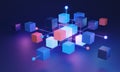 Decentralized blockchain system 3D concept, utilizing algorithmic technology and a distributed network for secure data
