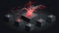 Decentralized network architecture visualizes interconnected data nodes with luminous red particles representing energetic Royalty Free Stock Photo
