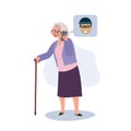 Deceptive Scammer tryo to Tricks Elderly Woman. Online Scammer's Trickery. Flat vector cartoon illustration