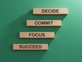 Decide Commit Focus Succeed symbol. Concept words Decide Commit Focus Succeed on wooden blocks.Business concept. Royalty Free Stock Photo