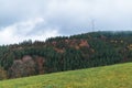 Deciduous and coniferous forest on the hill disappears in the autumn fog, wind mills Royalty Free Stock Photo