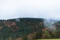 Deciduous and coniferous forest on the hill disappears in the autumn fog, wind mills Royalty Free Stock Photo