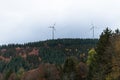 Deciduous and coniferous forest on the hill disappears in the autumn fog, wind mills Royalty Free Stock Photo