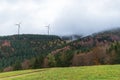 Deciduous and coniferous forest on the hill disappears in the autumn fog, wind mills Royalty Free Stock Photo