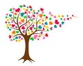 Deciduous tree with colorful heart leaves, red, orange purple, green and yellow, simple flat illustration for Valentine design and Royalty Free Stock Photo