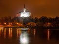 Decin Castle reflected in Elbe River by night, Czech Republic, Europe Royalty Free Stock Photo