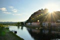 Decin, Czech republic - September 08, 2018: Pastyrska stena hill with lock, historical houses and Elbe river in Decin city during