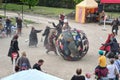 Town market on the Decin castle, Czech Republic, included a funny show called Monks play football