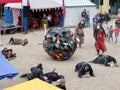 Town market on the Decin castle, Czech Republic, included a funny show called Monks play football